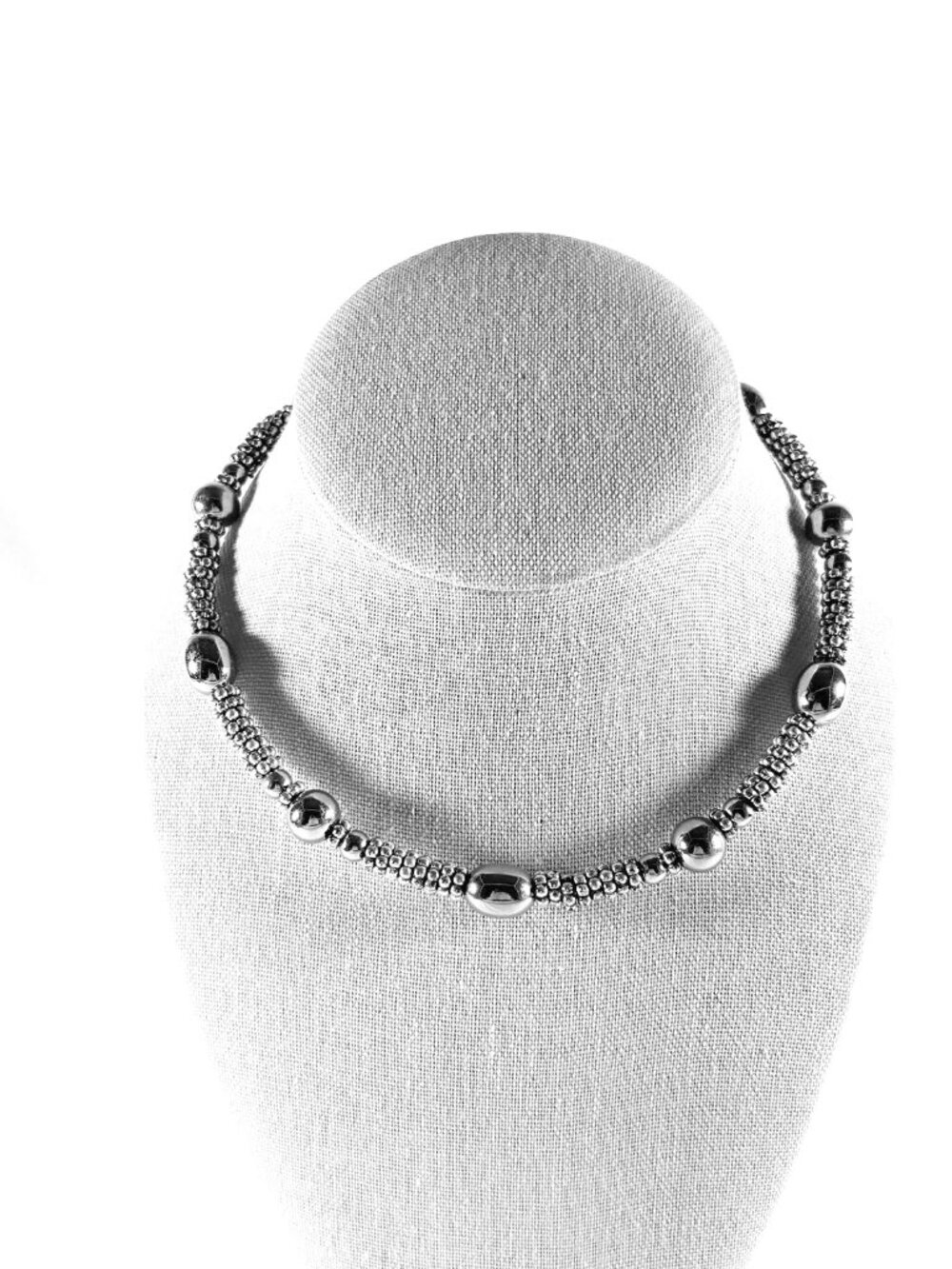 Necklace, 16” Silvertone, Acrylic "Choker"/"Statement" W/Oval & Round Beads